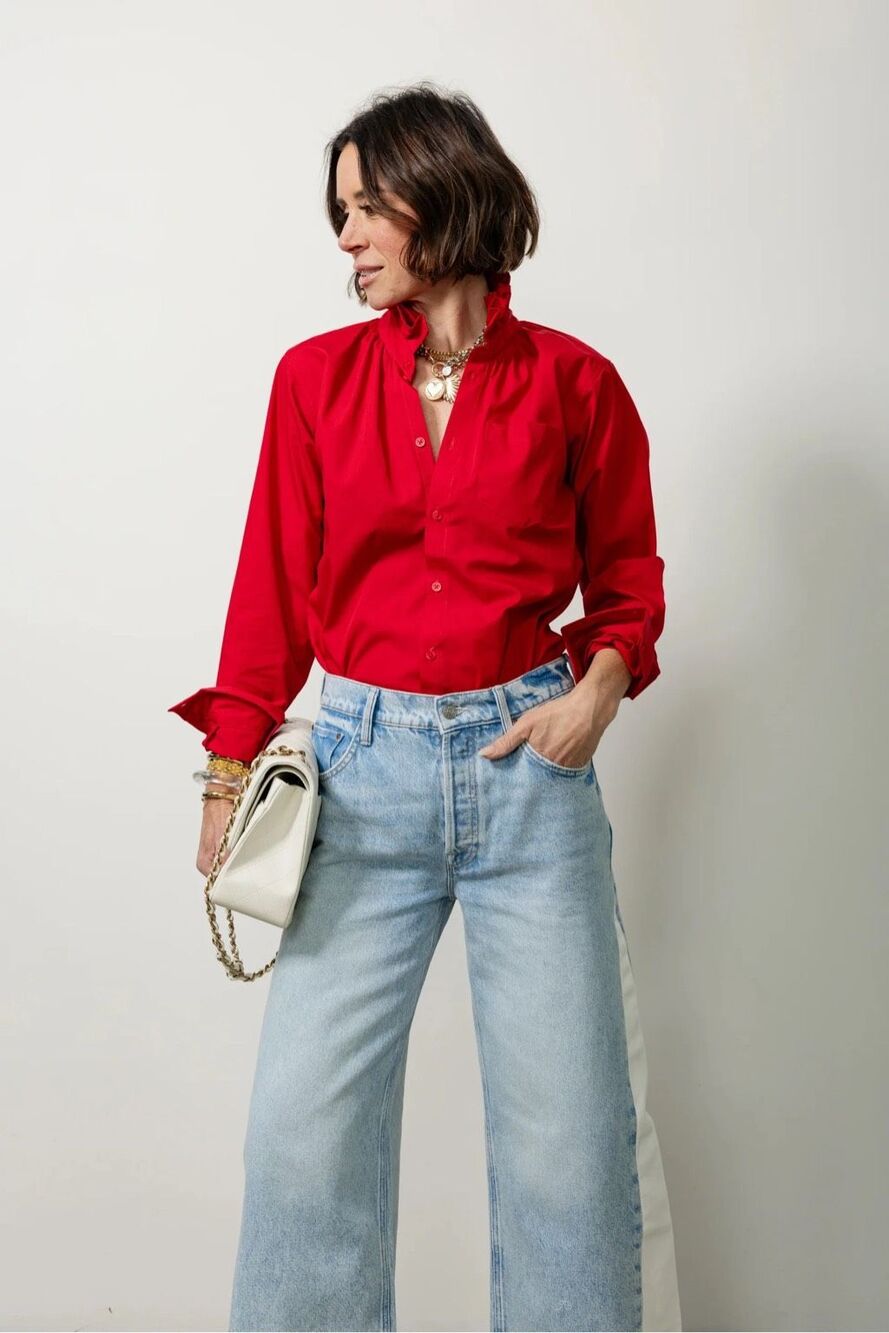 NEW KMJ Button Down Boyfriend Fit Blouse in Quarantina Red XL